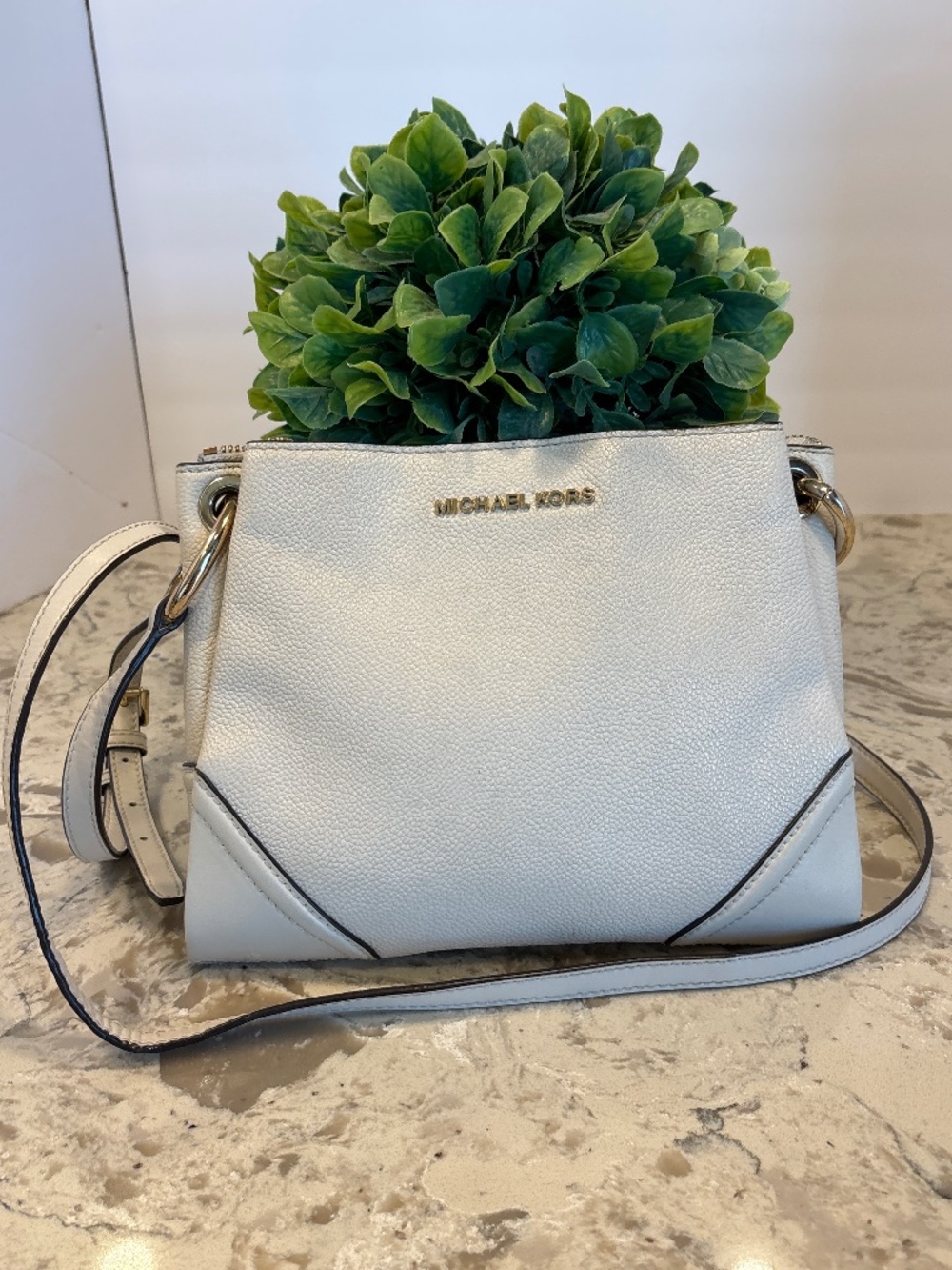 Michael Kors Triple Compartment Crossbody  Handbag Off White Pebbled Leather